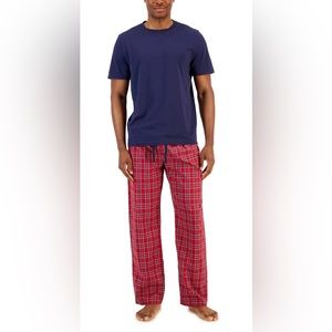 Club Room Men's 2-Piece Solid Top & Plaid Bottom Pajamas LOUNGE SET Navy Red 2XL